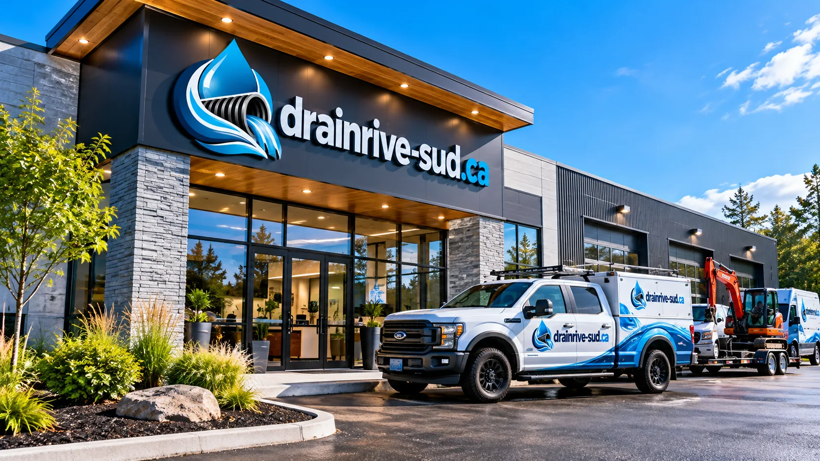 Façade d'un bâtiment commercial, camionnette de service et mini-excavatrice sur remorque devant l'entrée