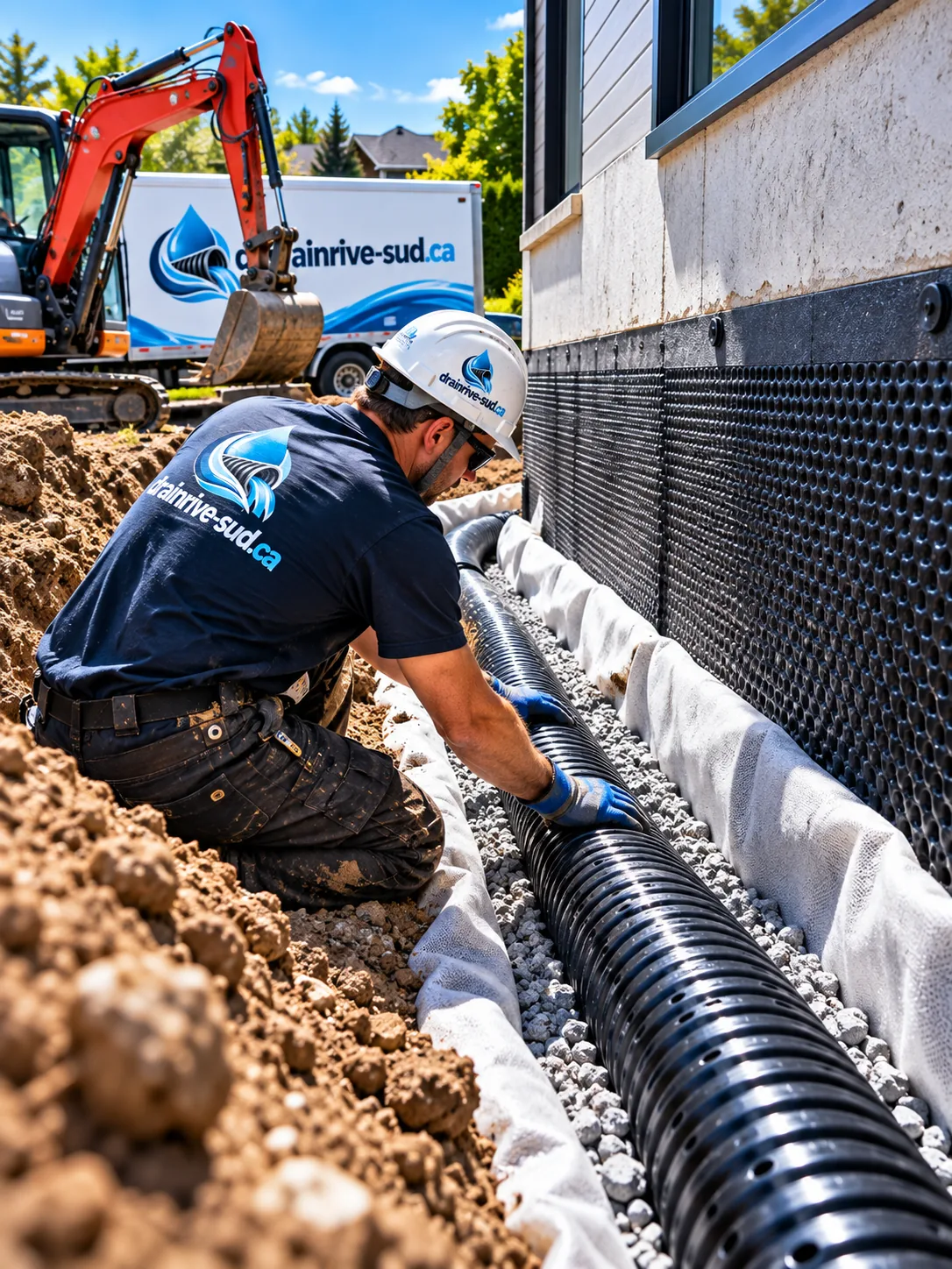 Ouvrier qui pose un drain perforé noir dans une tranchée de pierre nette, membrane alvéolée sur la fondation, excavatrice derrière