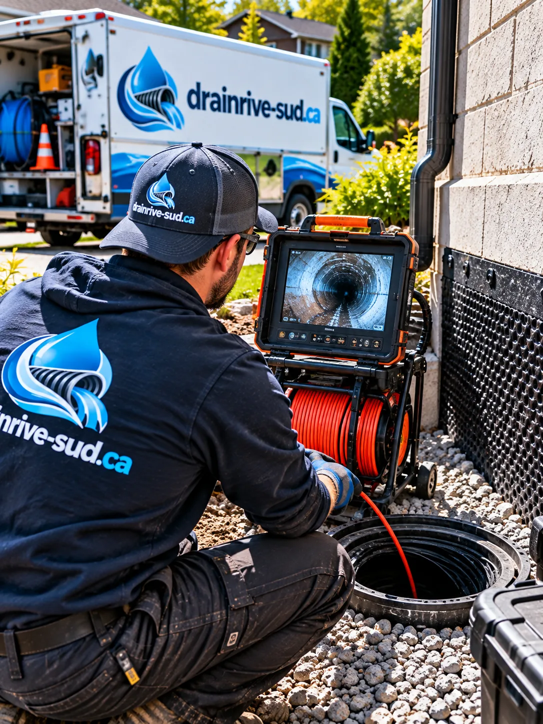 Technicien qui lit l'écran d'une caméra d'inspection descendue dans un regard de drain